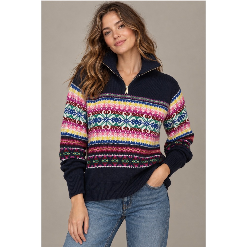 Talbots Fair Isle Quarter Zip Sweater Small P Navy Blue Lambswool Après Ski $129